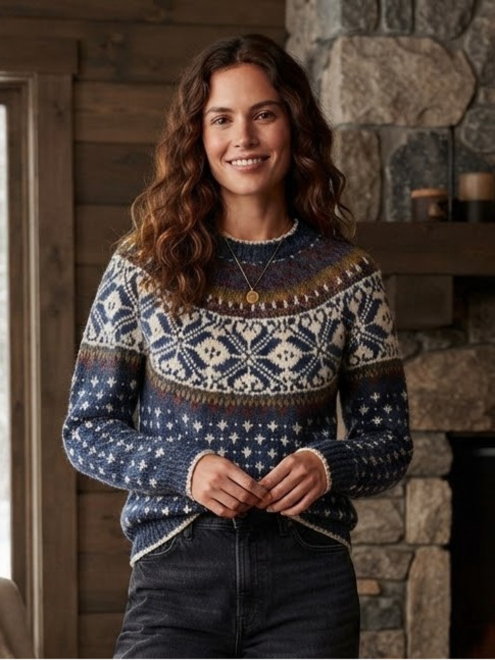 Knit Stitches Fair Isle Nordic Sweater Blue White Crew Neck Retro Boho M vintage